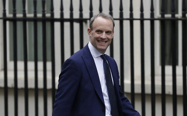 Britain's Foreign Secretary Dominic Raab arrives for a meeting with US Secretary of State Mike Pompeo at 10 Downing Street in London, January 30, 2020. (AP Photo/Kirsty Wigglesworth)