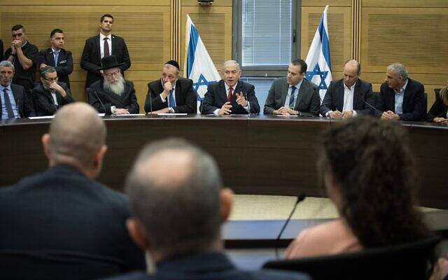 Prime Minister Benjamin Netanyahu speaks during a meeting at the Knesset with parties in his right-wing bloc on November 18, 2019. (Hadas Parush/ Flash90)