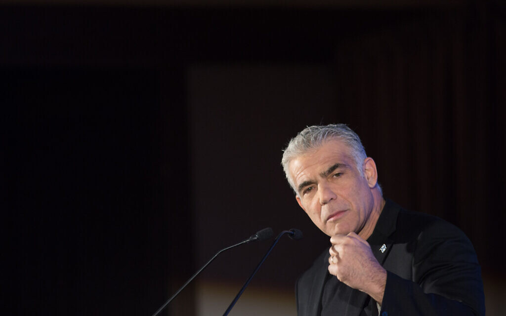 Blue White  MK Yair Lapid speaks at the Maariv conference in Herzliya, on December 25, 2019. (Miriam Alster/FLASH90)