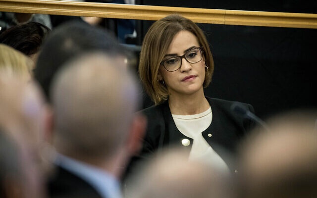 Joint List MK Heba Yazbak during the Central Elections Committee discussion on a petition to disqualify her from running in the March 2020 Knesset Elections, January 29, 2020. (Yonatan Sindel/Flash90)
