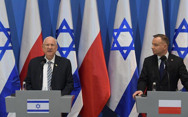 President Reuven Rivlin meets with Polish President Andrzej Duda in Krakow, Poland, January 27, 2020 (Amos Ben Gershon/GPO)