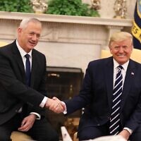 US President Donald Trump (right) meets with Blue and White party leader Benny Gantz in the White House in Washington on January 27, 2020. (Elad Malka)
