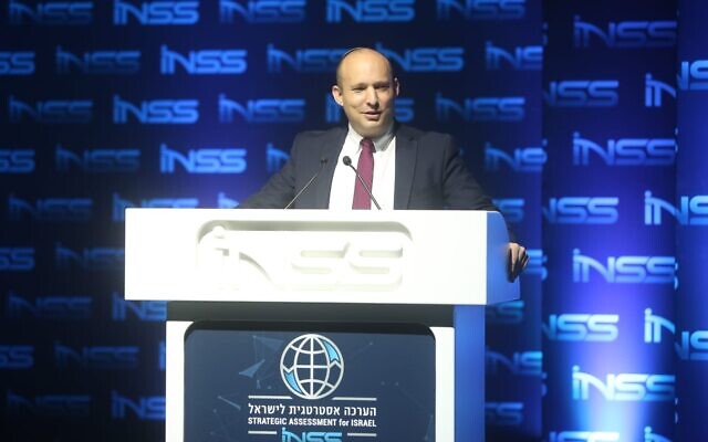 Defense Minister Naftali Bennett speaks at the Institute for National Security Studies think tank's annual conference in Tel Aviv on January 29, 2020. (Ariel Hermoni/Defense Ministry)