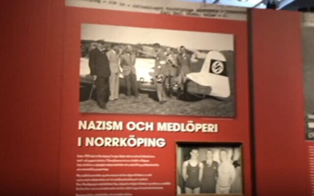 An exhibit on Nazism at the Norrköping City Museum in Sweden. A bag emblazoned with a Star of David and containing soap and anti-Semitic literature was found outside the museum on International Holocaust Remembrance Day. (Screen capture: Sveriges Television)