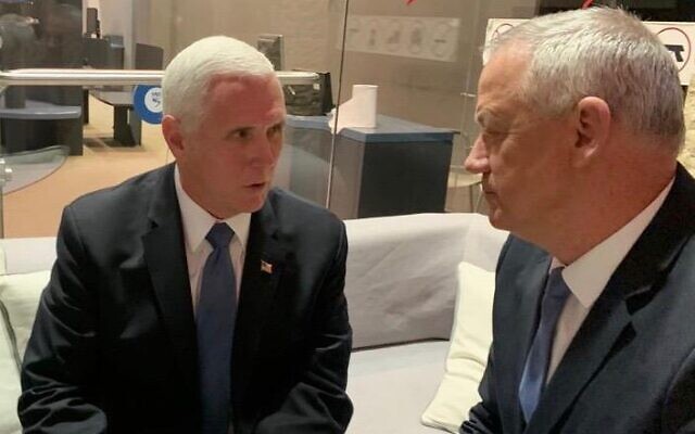 Blue and White chair Benny Gantz (R) meets with US Vice President Mike Pence in Jerusalem on January 23, 2020. (Courtesy)