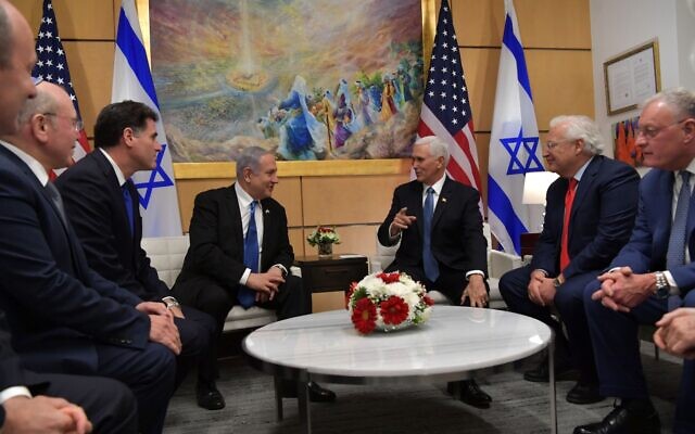 US Vice President Mike Pence hosts PM Netanyahu at the US Embassy in Jerusalem, January 23, 2020. The meeting was also attended by Israeli Ambassador to the US Ron Dermer, left, and US Ambassador to Israel David Friedman, right (Kobi Gideon/GPO)