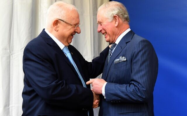 President Reuven Rivlin greets Britains Prince Charles (R) at the President's Residence in Jerusalem on January 23, 2019. (Mark Neyman/GPO)
