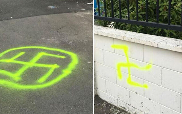 Swastikas outside the Temple Sinai synagogue in Wellington, New Zealand on January 22, 2020. (Wellington City Council via JTA)