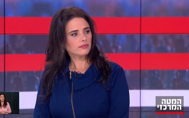 Yamina candidate Ayelet Shaked interviewed on Channel 13 on January 18, 2020. (Channel 13 screen capture)