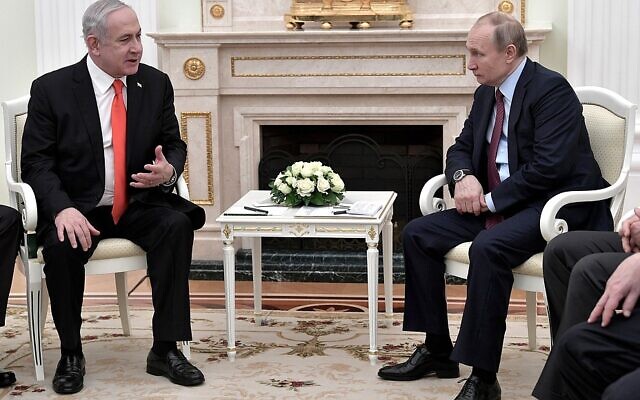 Prime Minister Benjamin Netanyahu meets with Russian President Vladimir Putin in Moscow on January 30, 2020. (Kremlin)