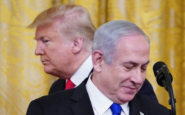 US President Donald Trump (left) and Israel's Prime Minister Benjamin Netanyahu take part in an announcement of Trump's Middle East peace plan in the East Room of the White House in Washington, DC, on January 28, 2020. (Mandel Ngan/AFP)