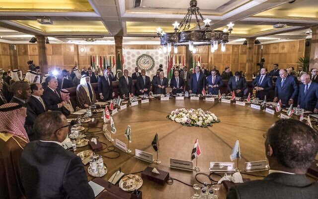 This picture taken on February 1, 2020, shows an Arab League emergency meeting discussing the US-brokered proposal for a settlement of the Middle East conflict, at the league headquarters in the Egyptian capital Cairo, as delegates take their seats (Khaled DESOUKI / AFP)