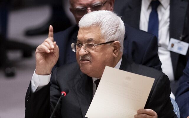Palestinian Authority President Mahmoud Abbas speaks to the UN Security Council at the United Nations headquarters on February 11, 2020 in New York. (Johannes EISELE / AFP)