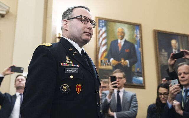 Lt. Col. Alexander Vindman arrives to testify at the House Intelligence Committee hearing on the impeachment inquiry of US President Trump in Washington, November 19, 2019. (Tom Williams/CQ-Roll Call, Inc via Getty Images via JTA)