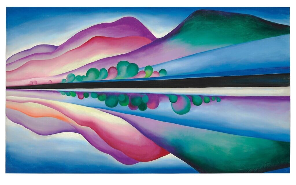 Illustrative: A painting by Georgia O'Keeffe, 'Lake George Reflection,' that can be viewed horizontally or vertically. It was inspired by O'Keeffe's visits to Alfred Stieglitz's family compound on the upstate New York lake. (Christie's/Copyright 2016 Georgia O'Keeffe Museum/Artists Rights Society (ARS), New York, via AP)