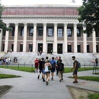 Illustrative: Students walk near Widener Library in Harvard Yard, at Harvard University in Cambridge, Massachusetts, August 13, 2019. (AP/Charles Krupa, File)