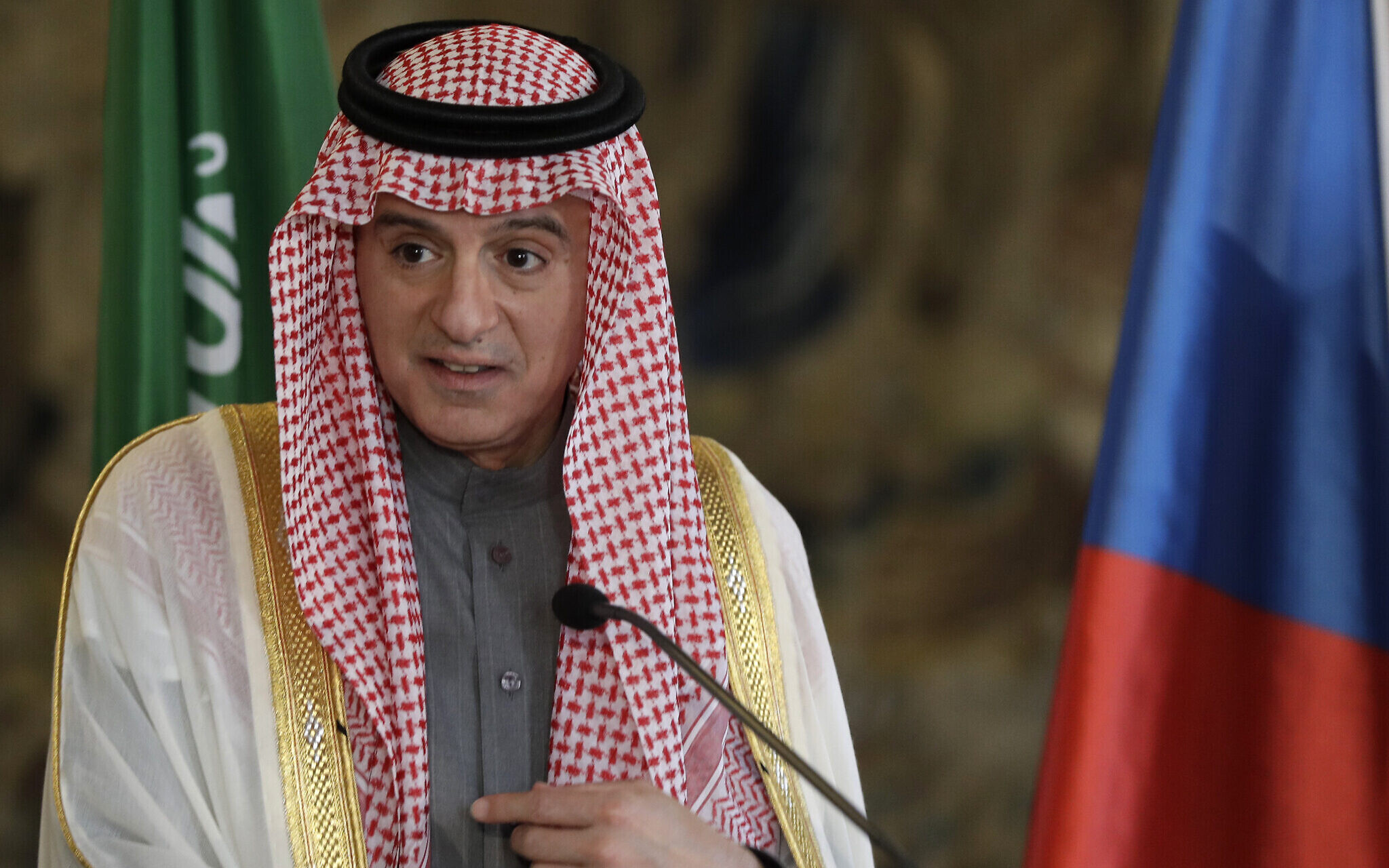 Saudi Arabia’s Adel al-Jubeir speaks to the media during a press conference in Prague, Czech Republic, January 10, 2020. (AP/Petr David Josek)