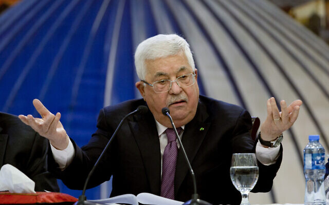 Palestinian Authority President Mahmoud Abbas speaks after a meeting of the Palestinian leadership, in the West Bank city of Ramallah, January 22, 2020. (AP Photo/ Majdi Mohammed)