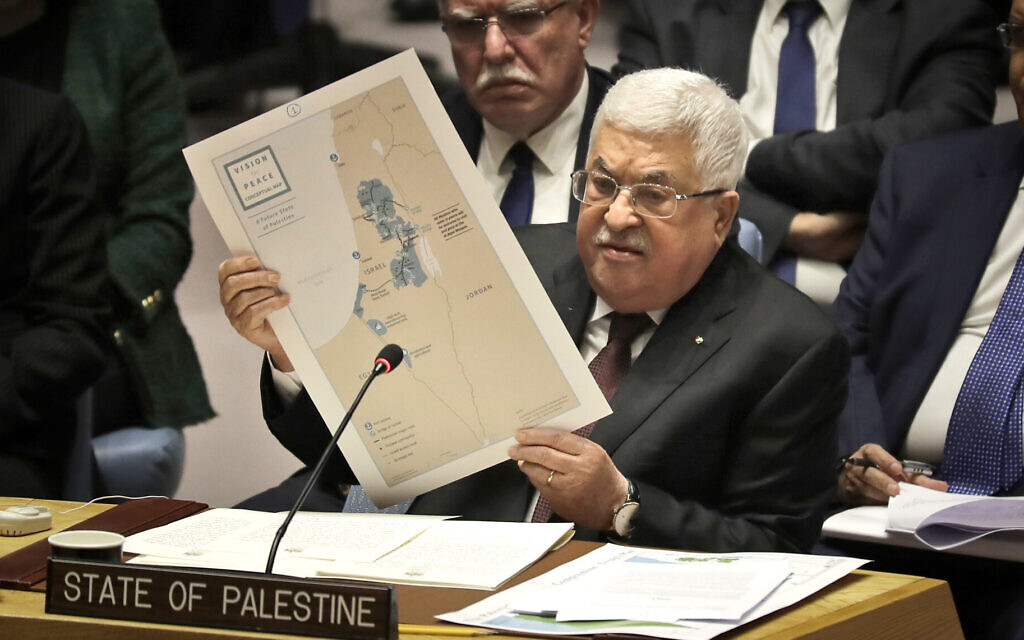 Palestinian Authority President Mahmoud Abbas during a Security Council meeting at United Nations headquarters, February 11, 2020. (AP Photo/Seth Wenig)