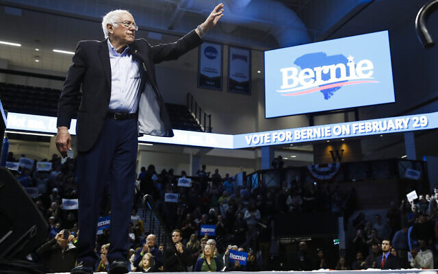 Democratic presidential candidate Sen. Bernie Sanders, Independent-Vermont, waves during a campaign event, in Spartanburg, South Carolina, February 27, 2020. (Matt Rourke/AP)