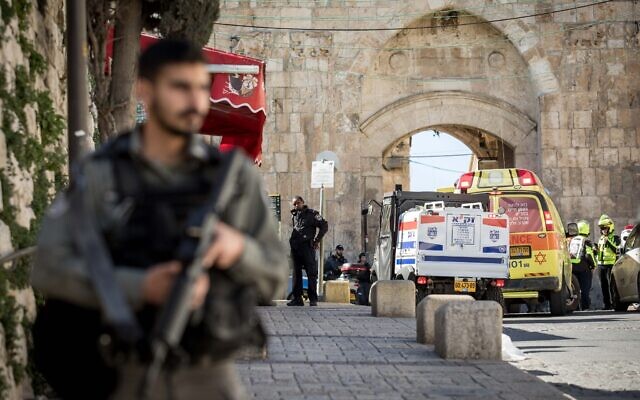 Illustrative: Police and rescuers at the scene of an attack near Lions' Gate in Jerusalem's Old City in which a police officer was lightly injured and the assailant was killed, February 6, 2020. (Olivier Fitoussi/Flash90)