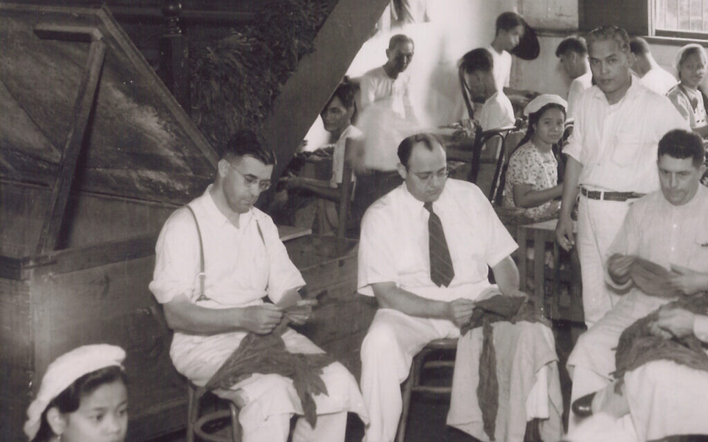 Prominent Cincinnati, Ohio, businessmen, the Frieder Brothers—Alex, Henry, Herbert, Philip and Morris—established residency in the Philippines in 1920 to expand their family’s US tobacco business. Pictured is Herb Frieder (center) with tobacco leaves. (Courtesy Dick and Sam Frieder)