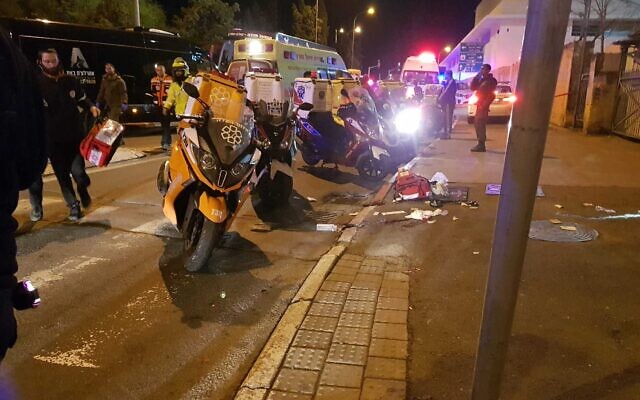 Medics at the scene of a suspected car-ramming attack in Jerusalem on February 6, 2020. (MDA)