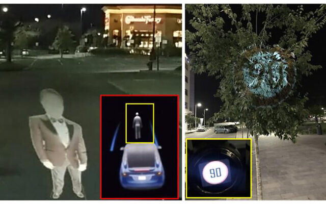 In a Ben-Gurion University study, a Telsa perceives a projected image as a real person, left, and Mobileye's 630 PRO autonomous vehicle system considers an image projected on a tree as a real road sign, right.