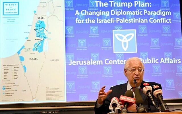 US Ambassador to Israel David Friedman addressing a briefing hosted by the Jerusalem Center for Public Affairs, February 9, 2020 (Matty Stern/U.S. Embassy Jerusalem)
