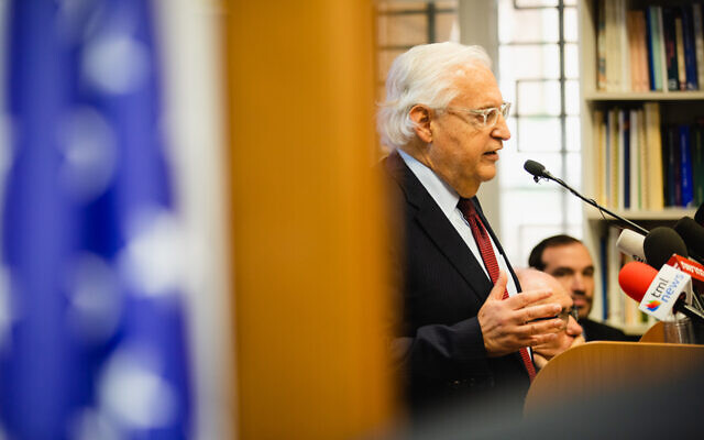 US Ambassador to Israel David Friedman addressing a briefing hosted by the Jerusalem Center for Public Affairs, February 9, 2020 (Reouven Ben Haim/JCPA)