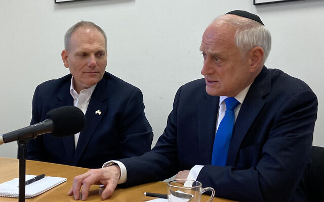 File: The Conference of Presidents of Major American Jewish Organizations executive vice chair Malcolm Hoenlein (R) and CEO William Daroff at The Times of Israel offices in Jerusalem. (Times of Israel)