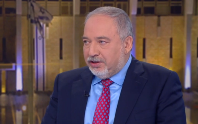Yisrael Beytenu chairman Avigdor Liberman speaks to Channel 12 news on February 22, 2020 (Channel 12 screenshot)