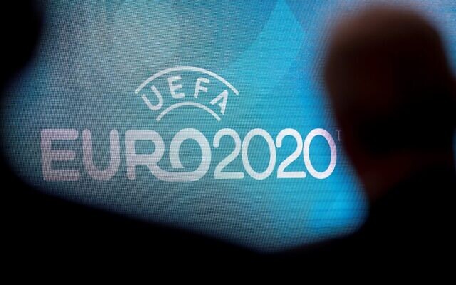 In this file photo taken on September 21, 2016 a screen displays the logo for the 2020 UEFA European Championship football tournament in London during a launch event. (JUSTIN TALLIS/AFP)