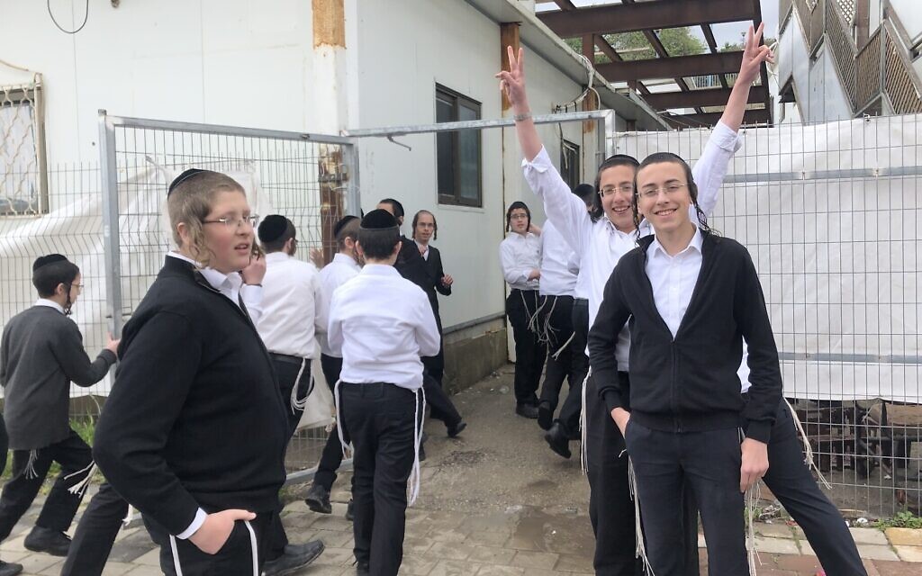 Some of the students at a haredi boys school in Ramat Beit Shemesh Bet, just west of Jerusalem, where classes are still being held, March 18, 2020. (Sam Sokol/JTA)