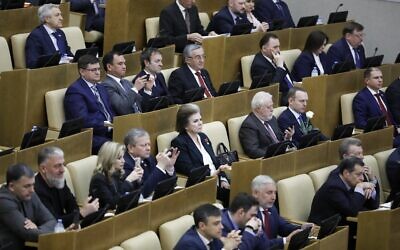 Illustrative: Russian lawmakers attend a session prior to voting for constitutional amendments at the State Duma, the Lower House of the Russian Parliament in Moscow, Russia, on March 10, 2020. (AP Photo/Pavel Golovkin)