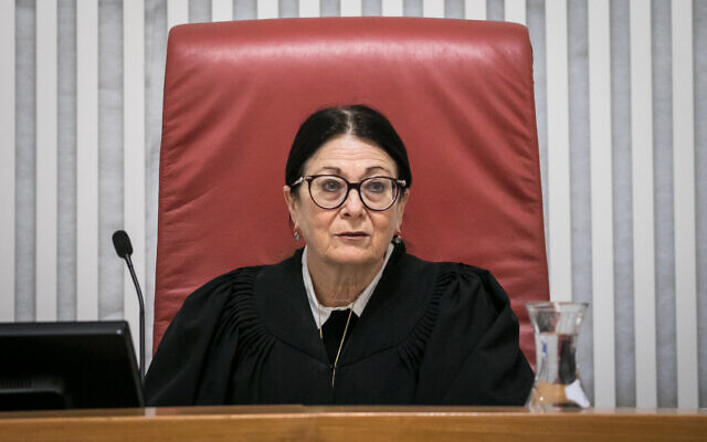 Supreme Court Chief Justice Esther Hayut at a court hearing on the Shin Bet's new emergency powers to track Israelis' movements using their cellphone location data to help combat the spread of the new coronavirus, March 19, 2019. (Olivier Fitoussi/Flash90)