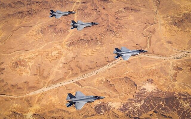 Israeli and American F-35 fighter jets take part in a joint exercise over southern Israel on March 29, 2020. (Israel Defense Forces)