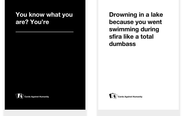 A pairing of cards from Kiruv vs. Humanity. (Courtesy)