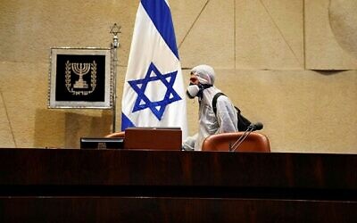 Disinfecting the Knesset ahead of the swearing in of MKs amid the coronavirus crisis, March 16, 2020 (Knesset spokeswoman)