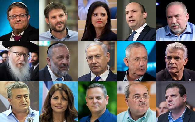 Leading candidates in the March 2020 national elections. Clockwise from top left: Itamar Ben Gvir (Otzma Yehudit); Bezalel Smotrich, Ayelet Shaked and Naftali Bennett (Yamina); Avigdor Liberman (Yisrael Beytenu); Yaakov Litzman (United Torah Judaism); Aryeh Deri (Shas); Benjamin Netanyahu (Likud); Benny Gantz and Yair Lapid (Blue and White); Amir Peretz, Orly Levy-Abekasis and Nitzan Horowitz (Labor-Gesher-Meretz); and Ahmad Tibi and Ayman Odeh (Joint List) (Flash 90)