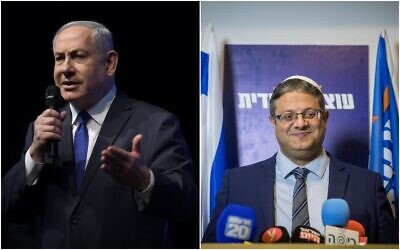 Left photo: Then-prime minister Benjamin Netanyahu delivers a speech at the Likud party's election rally in Ramat Gan on February 29, 2020; Right photo: Itamar Ben Gvir, head of the Otzma Yehudit party, holds a press conference in Jerusalem on February 26, 2020. (Gili Yaari/Flash90; Yonatan Sindel/Flash90)