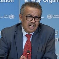 A TV grab taken from a video released by the World Health Organization (WHO) shows WHO Chief Tedros Adhanom Ghebreyesus attending a virtual news briefing on COVID-19 from the WHO headquarters in Geneva on April 6, 2020. (AFP)