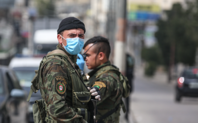 Members of the Palestinian Authority security forces patrolling in the village of Beitunia in the central West Bank on April 6, 2020. (Credit: Wafa)