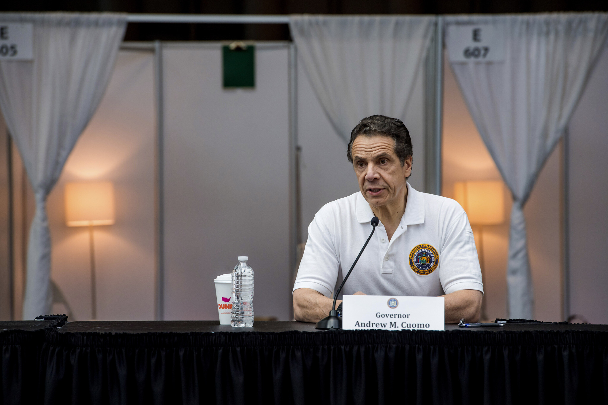New York Gov. Andrew Cuomo briefs the media inside a nearly completed makeshift hospital at the Jacob Javits Convention Center in New York, March 27, 2020. (Darren McGee/Office of Governor Andrew M. Cuomo via AP)