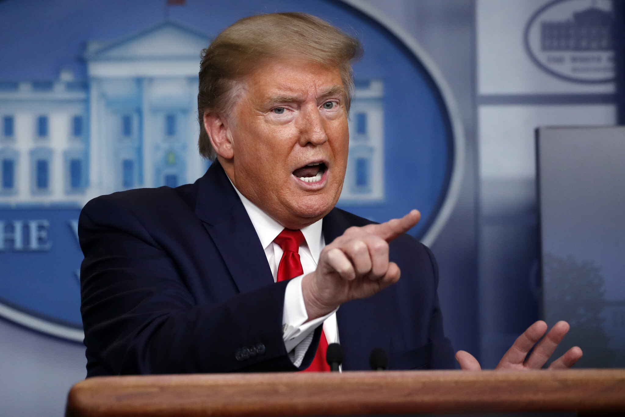 US President Donald Trump speaks about the coronavirus in the James Brady Press Briefing Room at the White House, Monday, April 13, 2020, in Washington. (AP Photo/Alex Brandon)