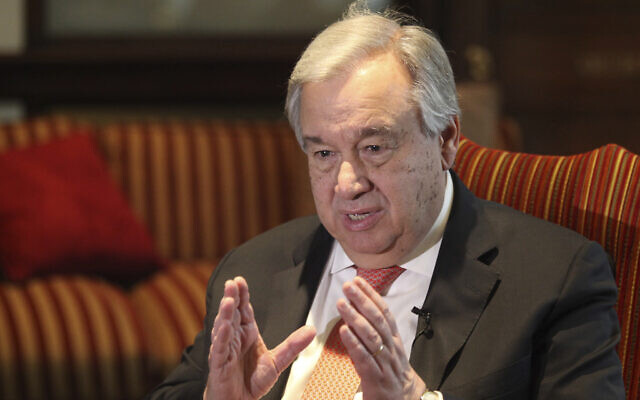 UN Secretary General Antonio Guterres speaks to The Associated Press in Lahore, Pakistan on February 18, 2020.  (AP Photo/K.M. Chaudhry)