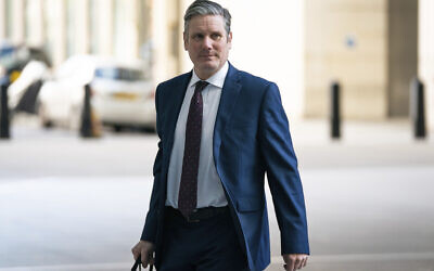 Newly-elected Labour Party leader Keir Starmer arrives at BBC Broadcasting House in London, April 5, 2020 (Aaron Chown/PA via AP)