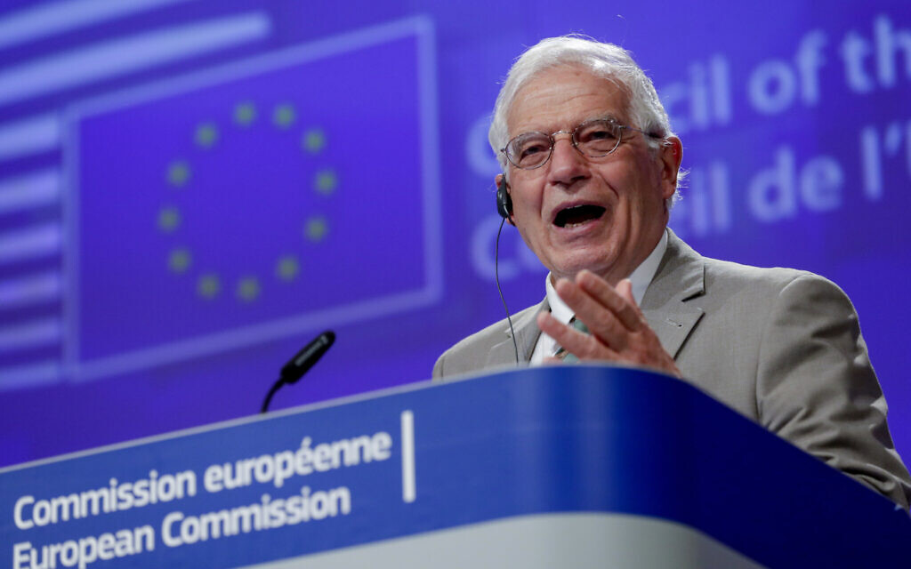 European Union foreign policy chief Josep Borrell addresses a video press conference at the conclusion of a video conference of EU foreign affairs ministers in Brussels, April 22, 2020. (Olivier Hoslet, Pool Photo via AP)
