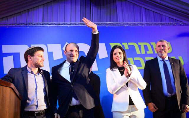 Yamina leaders (left to right) Transportation Minister Betzalel Smotrich, Defense Minister Naftali Bennett, former justice minister Ayelet Shaked and Education Minister Rafi Peretz at the party’s election-night headquarters in Ramat Gan on March 2, 2020. (Flash90)