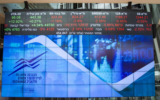 A stock market ticker in the lobby of the Tel Aviv Stock Exchange, March 15, 2020. (Flash90)